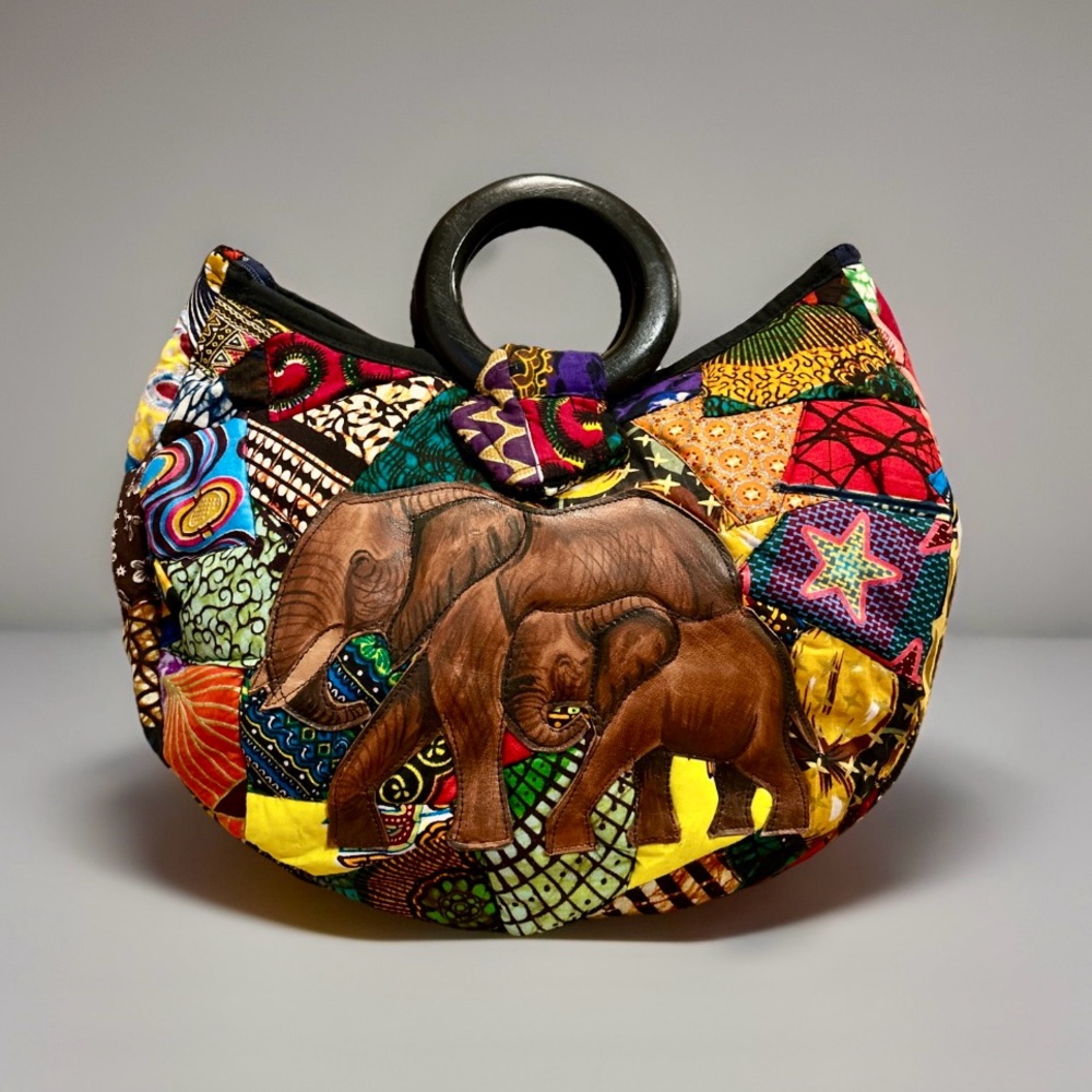 Ankara Handmade African Quilted Wooden Handle Handbag With Leather Elephants EUC